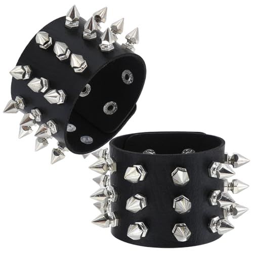 PEOVLVN 2 Stück Herren Lederarmband punk Armband nietenarmband Punk Lederarmband Schwarz Gothic Armreif Unisex Punk Besetztes Armband für Musikfestival/Partyauftritt Kostümparty Konzert von PEOVLVN