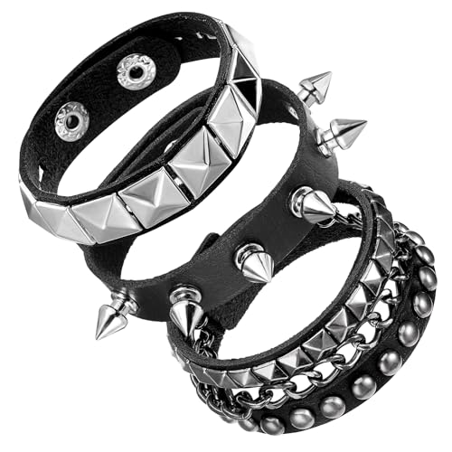 PEOVLVN 3 Stück Nieten Armband Punk Rock Armband Leder Armband Nietenarmband Herren Damen Armband Emo Accessoires Gothic Breites Armband mit Verschluss Biker Armband für Party/Konzert/Cosplay-B von PEOVLVN