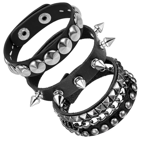PEOVLVN 3 Stück Punk Rock Armband Leder Armband Nietenarmband Herren Damen Armband Emo Accessoires Gothic Breites Armband mit Verschluss Rock Armband Set Biker Armband für Party/Konzert/Cosplay von PEOVLVN