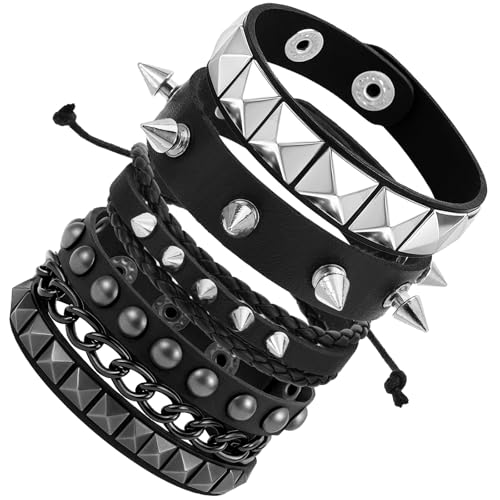 PEOVLVN 4 Stück Punk Besetztes Armband Unisex Herren Lederarmband Punk Armband Nietenarmband Lederarmband Schwarz Gothic Armreif für Musikfestival/Partyauftritt Kostümparty Konzert(Stil B) von PEOVLVN