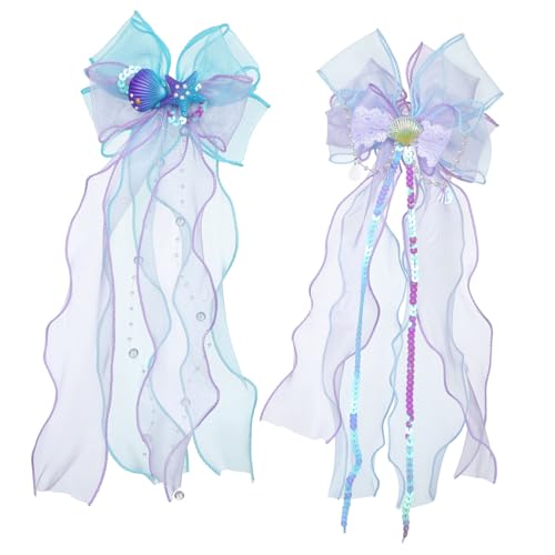 PEPLAYTAL 2 Stück Teiliges Meerjungfrau Haarklammern mit Schleifen und Muschel Design Starke Klemmung Modische Haarspangen für Damen und Mädchen Leicht und Komfortabel für Alltag und Party von PEPLAYTAL
