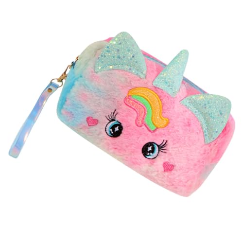 PEPLAYTAL Plüsch Kosmetiktasche mit Einhorn Motiv Große Schminktasche Damen Leichter Reise Kulturbeutel mit Robustem Reißverschluss Tragbar und Leicht zu Reinigen für Make up und von PEPLAYTAL