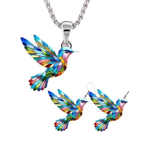 PEPWE Modisches Acryl-Kolibri-Anhänger, Halskette und Ohrringe, handgefertigt, buntes Schmuck-Set, trendiges Damen-Accessoire von PEPWE