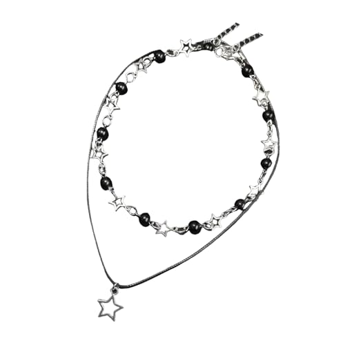 PEPWE Stilvolle Stern-Charm-Halskette mit schwarzen Perlen, PU-Lederkordel, verstellbare Länge, Schlüsselbeinkette, Schmuck, schwarze Perlen-Halskette von PEPWE