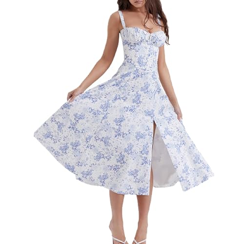 PERBERCH Geblümtes Bustier-Kleid zur Taillenformung, bedrucktes Bustier-Sommerkleid, Lange Strandkleider für Damen mit Spaghettiträgern (B,M) von PERBERCH