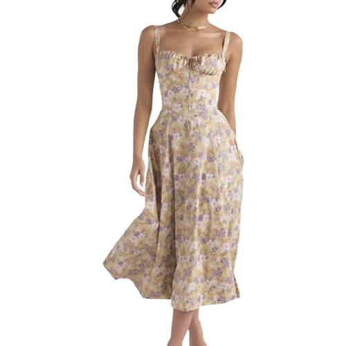 PERBERCH Geblümtes Bustier-Kleid zur Taillenformung, bedrucktes Bustier-Sommerkleid, Lange Strandkleider für Damen mit Spaghettiträgern (C,M) von PERBERCH
