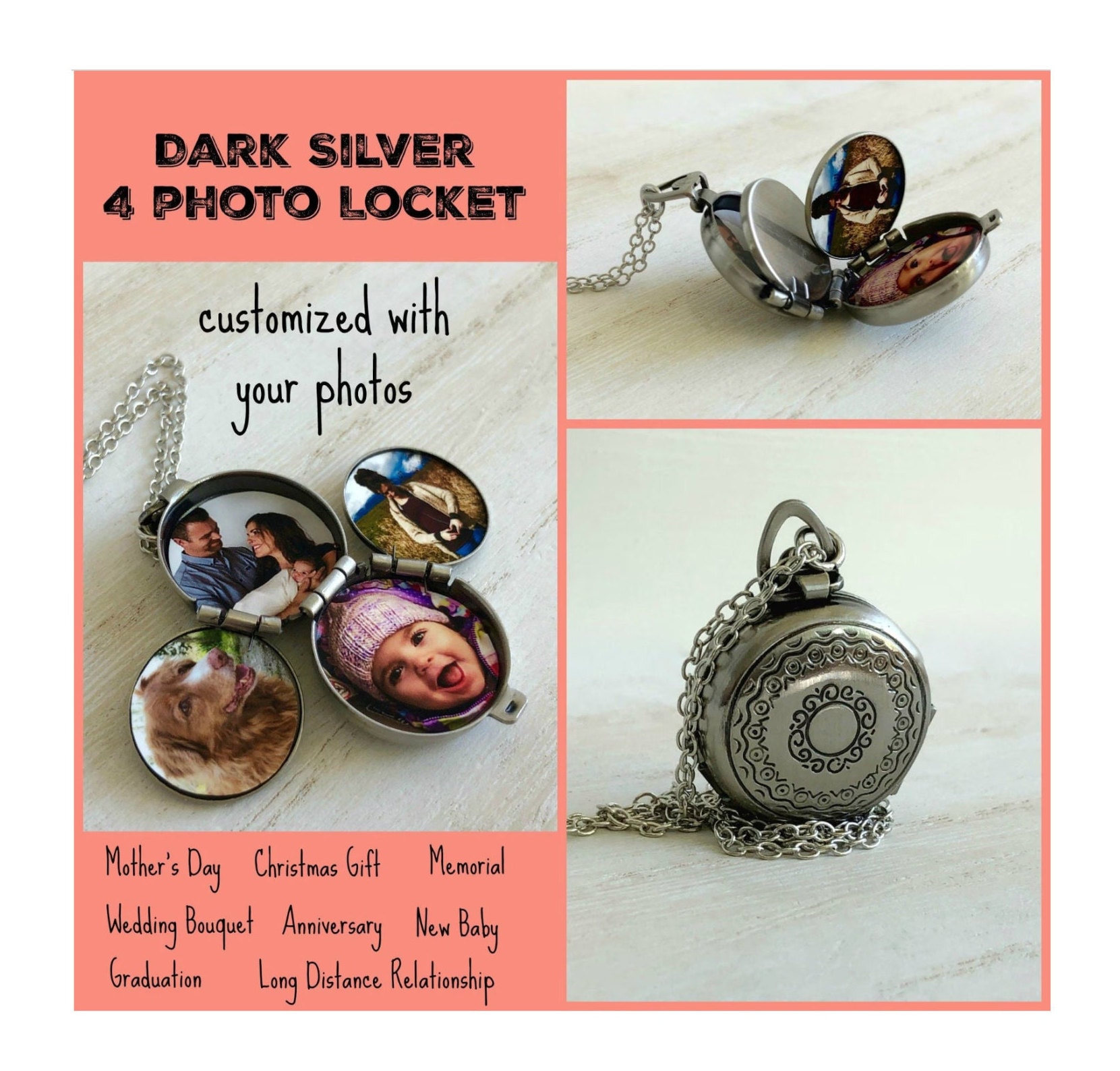 Silber 4 Foto Medaillon, Stammbaum Muttertagsgeschenke, Grad Geschenk, Memorial Blumenstrauß Fotos in Medaillon von PERCIVALandHUDSON