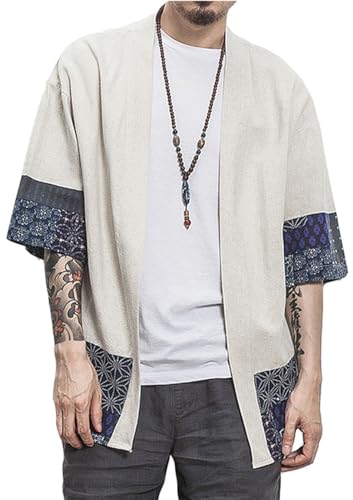 PERDONTOO Herren Casual-Kimono-Cardigan Noragi-Jacken, offener Vordermantel - Beige - Mittel von PERDONTOO