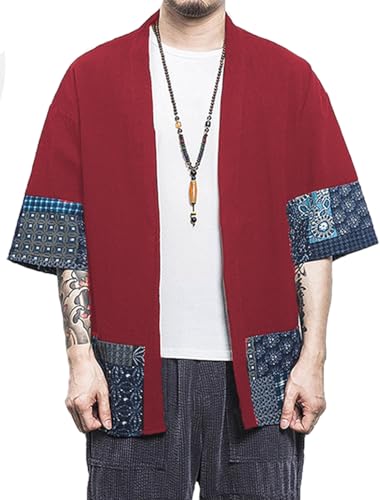 PERDONTOO Herren Casual Kimono Shirt Leichtes Leinen Kurzarm Offene Front Sommer Jacke (L, Rot) von PERDONTOO