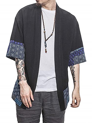 PERDONTOO Herren Casual Kimono Shirt Leichtes Leinen Kurzarm Offene Front Sommer Jacke (L, Schwarz) von PERDONTOO