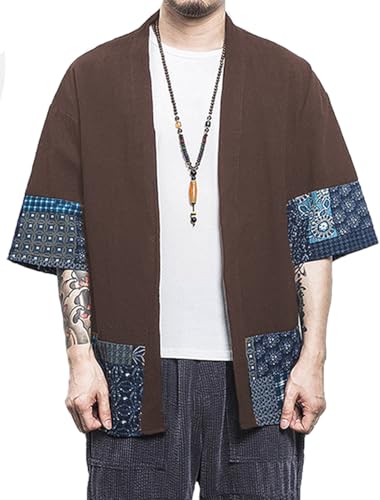 PERDONTOO Herren Casual Kimono Shirt Leichtes Leinen Kurzarm Offene Front Sommer Jacke (L, Braun) von PERDONTOO