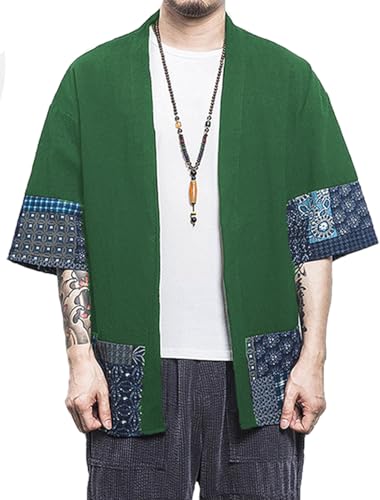 PERDONTOO Sommerjacke Mode Herren Jacke Strickjacke Paar Kimono Mantel lässig Kurze Ärmel Baggy Tops (L, Grün) von PERDONTOO