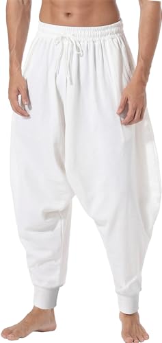 perdontoo Herren Casual Baggy Kordelzug Hippie Boho Aladin Haremshose, Weiß-1, 48 von PERDONTOO