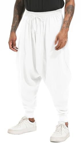 perdontoo Herren Casual Baggy Kordelzug Hippie Boho Aladin Haremshose, Weiß-1, 54 von PERDONTOO