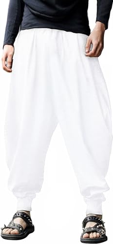 perdontoo Herren Casual Baggy Kordelzug Hippie Boho Aladin Haremshose, Weiß-2, 46 von PERDONTOO