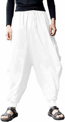 perdontoo Herren Casual Baggy Kordelzug Hippie Boho Aladin Haremshose, Weiß-2, 52 von PERDONTOO