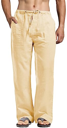 perdontoo Lässige Herrenhose aus Baumwoll-Leinen, elastischer Bund, Kordelzug, gerade, Sommer, Strandhose, Khaki, Groß von PERDONTOO