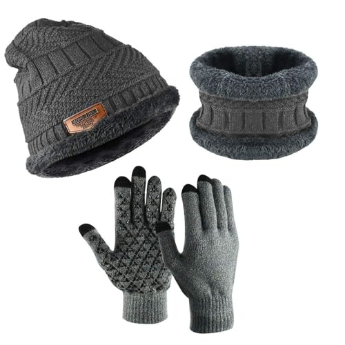 PERFETSELL Wintermütze Set Warm Strickmütze Beanie Winter Mütze Fleece Haube Damen Herren Loop Schal Nackenwärmer und Touchscreen-Handschuhe für Winter Outdoor Sport (Grau) von PERFETSELL