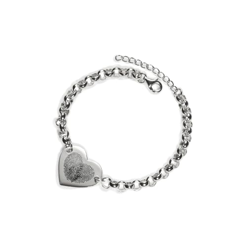 PERIMADE Personalisierbares Fingerabdruck-Herz-Armband, personalisierbar, graviert, tatsächliche Handschrift, Text-Armband, 925er Sterlingsilber, klobiges Glieder-Liebes-Charm-Armband, Gedenkgeschenk von PERIMADE