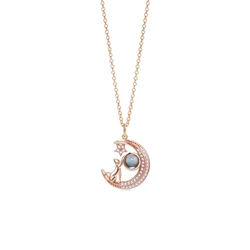 PERIMADE Personalisierte Bild-Katzen-Projektions-Halskette, individueller Zirkonia-Mond-Stern-Foto-Anhänger, individueller Text und Liebe in 100 Sprachen, Kitty-Charm-Halskette, Gedenkgeschenk für von PERIMADE