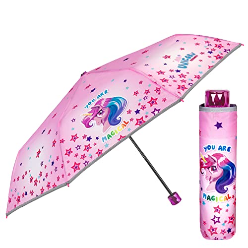 Einhorn Kinder Regenschirm Mädchen - Rosa Pink Unicorn Taschenschirm Minischirm Kinderschirm - Regenschirm Klein Windfest mit Reflektierendem Rand - 7+ Jahren - Durchm 91 cm - Perletti (Bunte Sterne) von PERLETTI