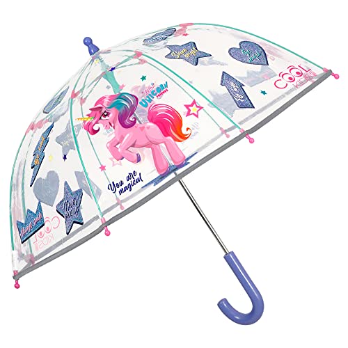 Einhorn Regenschirm Transparent für Kinder Mädchen - Regen Schirm Robust Windfest für Kleinkind 3 4 5 6 Jahre - Unicorn Sterne Herzen Stockschirm mit Sicherheitsöffnung - Durchmesser 64 cm (Blau) von PERLETTI