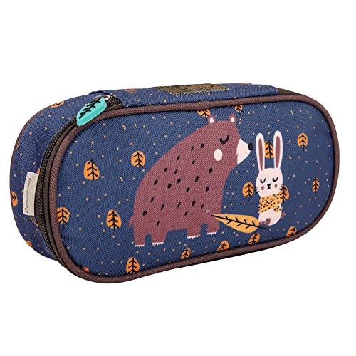 PERLETTI Kinder Federmäppchen Braun mit Bär und Kaninchen - Etui Schuletui Federmappe aus Recyceltem Kunststoff - Stifteetui Mädchen Jungen Grunschule Kindergarten - 22x10x5 cm Eco Collection (Bär) von PERLETTI