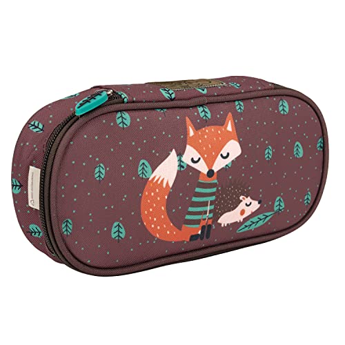 PERLETTI Kinder Federmäppchen Braun mit Fuchs und Igel - Etui Schuletui Federmappe aus Recyceltem Kunststoff - Stifteetui Mädchen Jungen Grunschule Kindergarten - 22x10x5 cm Eco Collection (Fuchs) von PERLETTI