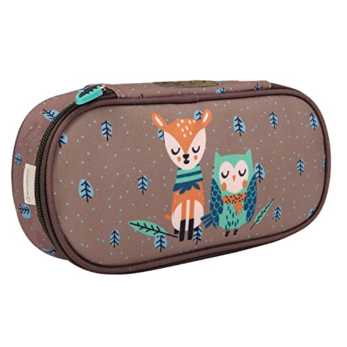 PERLETTI Kinder Federmäppchen Braun mit Rehkitz Eule - Etui Schuletui Federmappe aus Recyceltem Kunststoff - Stifteetui Mädchen Jungen Grunschule Kindergarten - 22x10x5 cm Eco Collection (Rehkitz) von PERLETTI