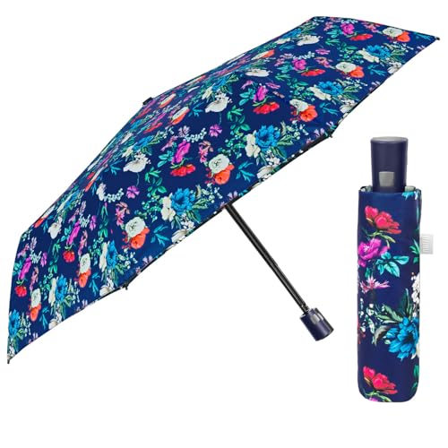 Mehrfarbiger Regenschirm Automatik für Frauen mit Punkten - Taschenschirm Taschenregenschirm Kompakt Mini Leicht Winddicht - Regen Schirm Klein Reisen - Durchmesser 96 cm (Blau mit Blumen) von PERLETTI