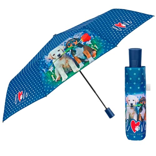 Mehrfarbiger Regenschirm Automatik für Frauen mit Punkten - Taschenschirm Taschenregenschirm Kompakt Mini Leicht Winddicht - Regen Schirm Klein Reisen - Durchmesser 96 cm (Blau mit Hunden) von PERLETTI