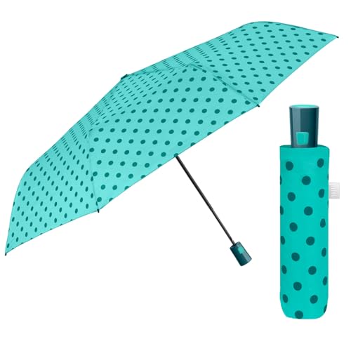 Mehrfarbiger Regenschirm Automatik für Frauen mit Punkten - Taschenschirm Taschenregenschirm Kompakt Mini Leicht Winddicht - Regen Schirm Klein Reisen - Durchmesser 96 cm (Hellblau mit Punkten) von PERLETTI