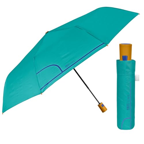Mehrfarbiger Regenschirm Automatik für Frauen mit Punkten - Taschenschirm Taschenregenschirm Kompakt Mini Leicht Winddicht - Regen Schirm Klein Reisen - Durchmesser 96 cm (Lagunenblau) von PERLETTI