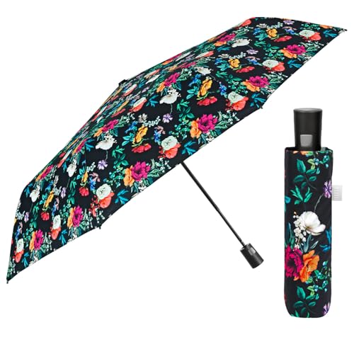 Mehrfarbiger Regenschirm Automatik für Frauen mit Punkten - Taschenschirm Taschenregenschirm Kompakt Mini Leicht Winddicht - Regen Schirm Klein Reisen - Durchmesser 96 cm (Schwarz mit Blumen) von PERLETTI