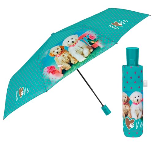 Mehrfarbiger Regenschirm Automatik für Frauen mit Punkten - Taschenschirm Taschenregenschirm Kompakt Mini Leicht Winddicht - Regen Schirm Klein Reisen - Durchmesser 96 cm (Türkis mit Hunden) von PERLETTI
