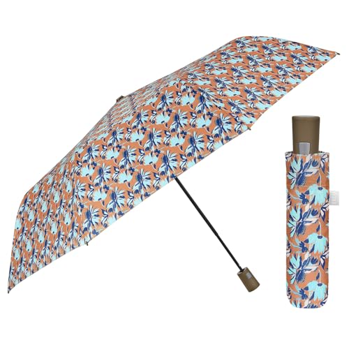 PERLETTI Beige Regenschirm Automatik für Frauen mit Blumen Blau - Taschenschirm Taschenregenschirm Kompakt Mini Leicht Winddicht - Regen Schirm Klein Reisen - Durchm 96 cm (Beige mit Blumen) von PERLETTI
