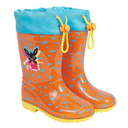 PERLETTI Bing Gummistiefel Kinder Kleinkind - Wasserdichte Regen Stiefel Jungen mit Kaninchen Schwarz- Bunte Stiefeletten mit Gelber Rutschfester Sohle und Kordelzugverschluss (Orange, numeric_22) von PERLETTI