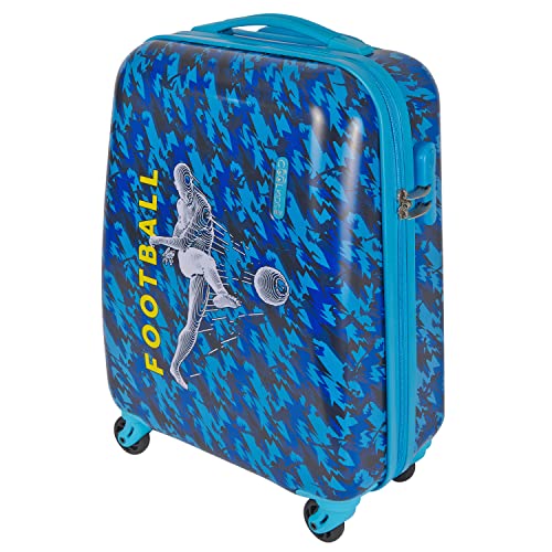 PERLETTI Blauer Kinderkoffer Fußballer - Kinder Trolley Handgepäck Leicht 4 Rollen und Zahlenschloss - Hartschalen Cabin Bag Kabinentrolley Junge - Koffer Lufthansa Ryanair 51x35x20 cm (Fußball, XS) von PERLETTI