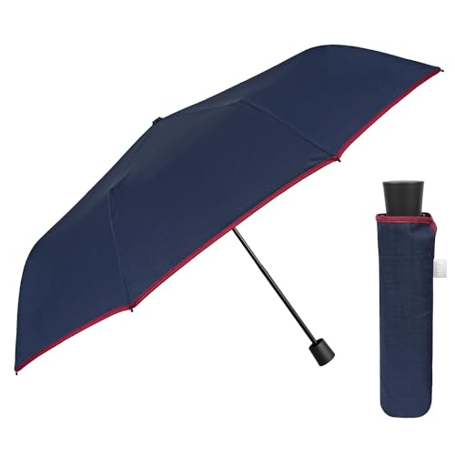 PERLETTI Blauer Regenschirm Herren mit Manueller Öffnung - Schwarzer Taschenschirm Sturmfest Kompakt Windsicher - Einfarbiger Herrenschirm Schirm Jungen - Durchmesser 97 cm (Blau mit Rotem Rand) von PERLETTI