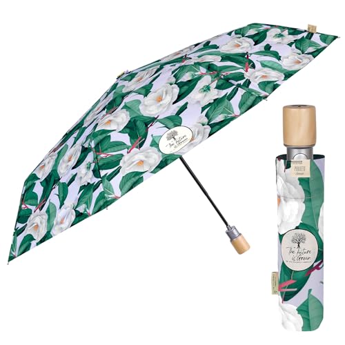PERLETTI Blumen Regenschirm Automatik Weiß und Grün für Damen - Green Kompakt Klein Schirm Öko Eco Friendly - Umwelfreundlicher Taschenschirm Sturmfest Mini aus Holz - Durchmesser 96 cm (Kamelien) von PERLETTI