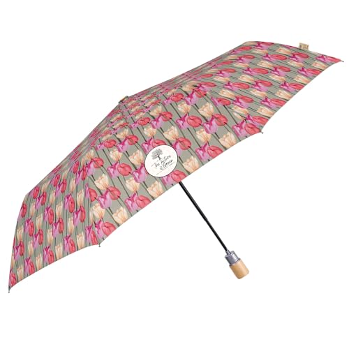 PERLETTI Blumen Regenschirm Automatik Weiß und Pink für Damen - Green Kompakt Klein Taschenschirm Öko Eco Friendly - Umwelfreundlicher Schirm Sturmfest Mini aus Holz - Durchmesser 96 cm (Tulpe Grün) von PERLETTI