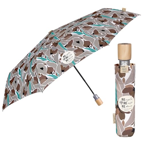 PERLETTI Blumen Regenschirm Automatik für Damen - Green Kompakt Klein Schirm Öko Eco Friendly - Umwelfreundlicher Taschenschirm Sturmfest Mini aus Holz - Durchmesser 96 cm (Braune Blumen) von PERLETTI