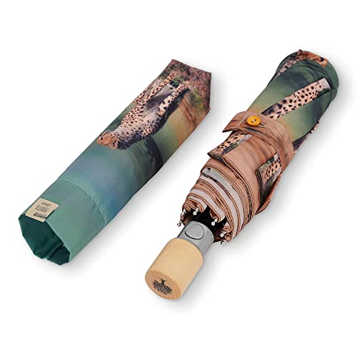 PERLETTI Damen Taschenschirm Automatik Ökologisch mit Gepard - Kompakt Klein Schirm Öko Eco Friendly Green - Umwelfreundlicher Regenschirm Sturmfest aus Holz - Durchmesser 96 cm (Gepard Grün) von PERLETTI