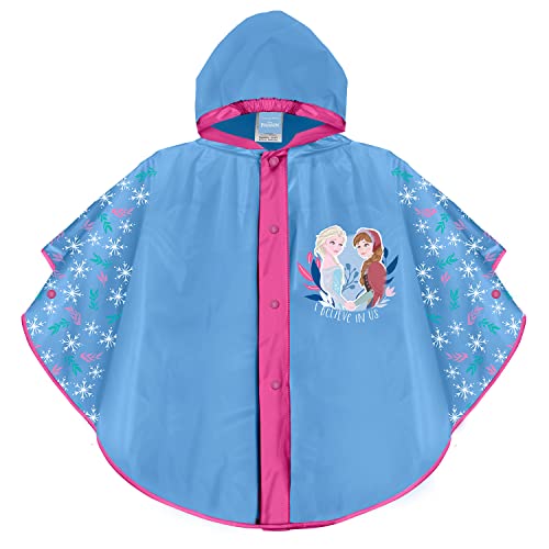 PERLETTI Disney Frozen 2 Kinder Regenponcho Wasserdicht Lila Blau Türkis - Die Eiskönigin II Regen Cape Mädchen mit Schneeflöckchen Muster Kapuze und Knöpfe - Elsa Anna Regenjacke aus EVA (Hellblau) von PERLETTI