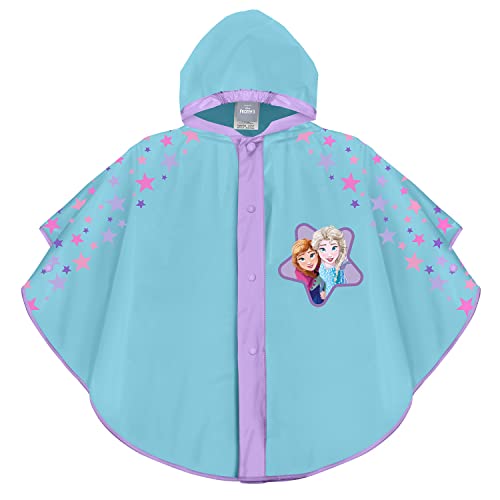 PERLETTI Disney Frozen Regen Poncho für Kinder - Die Eiskönigin Regen Cape Hellblau Wasserdicht für Mädchen mit Rosa und Lila Sternen - Elsa Anna Regenponcho Regenjacke mit Kapuze (Türkis, 3-6 Jahre) von PERLETTI