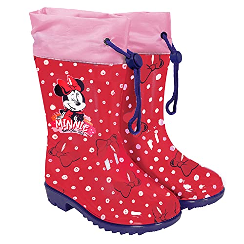 PERLETTI Disney Minni Maus Regenstiefel Violett - Minnie Mouse Kinder Stiefel Wasserdicht - Kleine Mädchen Regen Stiefeletten Regenbogen Schleife - Rutschfeste Sohle und Kordelzug (Rot, 22/23 EU) von PERLETTI