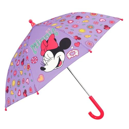 PERLETTI Disney Minnie Mouse Regenschirm für Mädchen 3 bis 5 Jahre - Kinder Schirm Minni Maus mit Rosa Details - Stockschirm Kinderregenschirm Robust Windfest - Durchmesser 64 cm Kids (Lila) von PERLETTI
