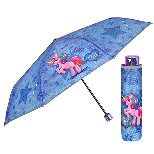 PERLETTI Einhorn Kinder Regenschirm Mädchen - Blau Unicorn Taschenschirm Minischirm Kinderschirm - Regenschirm Klein Windfest mit Reflektierendem Rand Kinder 7+ Jahren - Durchmesser 91 cm (Denim) von PERLETTI