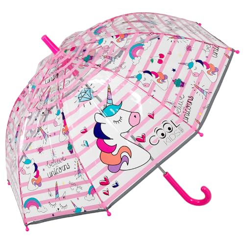 PERLETTI Einhorn Kinder Schirm für Mädchen - Stockschirm mit Sicherheitsöffnung - Robuster und Windfester Regenschirm mit Transparenter Kuppel - 3 bis 6 Jahre - Durchm 64 cm - Cool Kids (Streifen) von PERLETTI