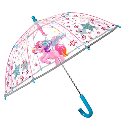 Einhorn Regenschirm Transparent für Kinder Mädchen - Regen Schirm Robust Windfest für Kleinkind 3 4 5 6 Jahre - Unicorn Sterne Stockschirm mit Sicherheitsöffnung - Durchmesser 64 cm (Farbige Sterne) von PERLETTI